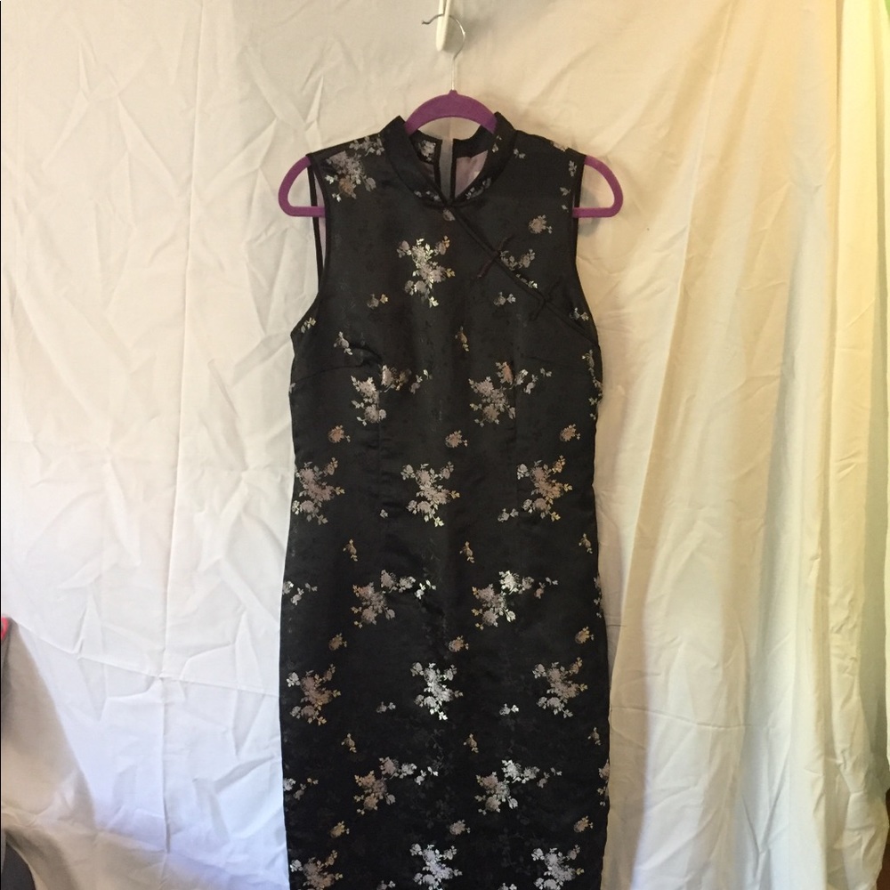 Black satin long Asian dress.